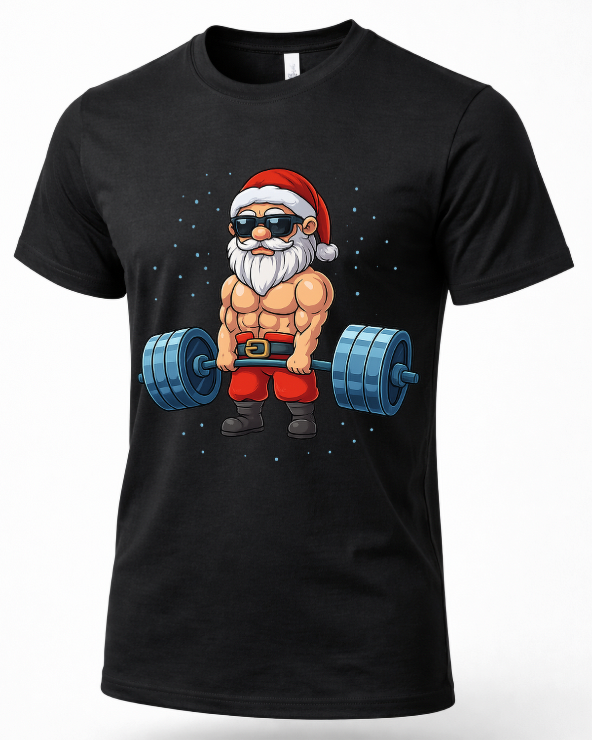 Black Swole Santa Christmas graphic t-shirt featuring a muscular Santa wearing sunglasses and lifting heavy weights