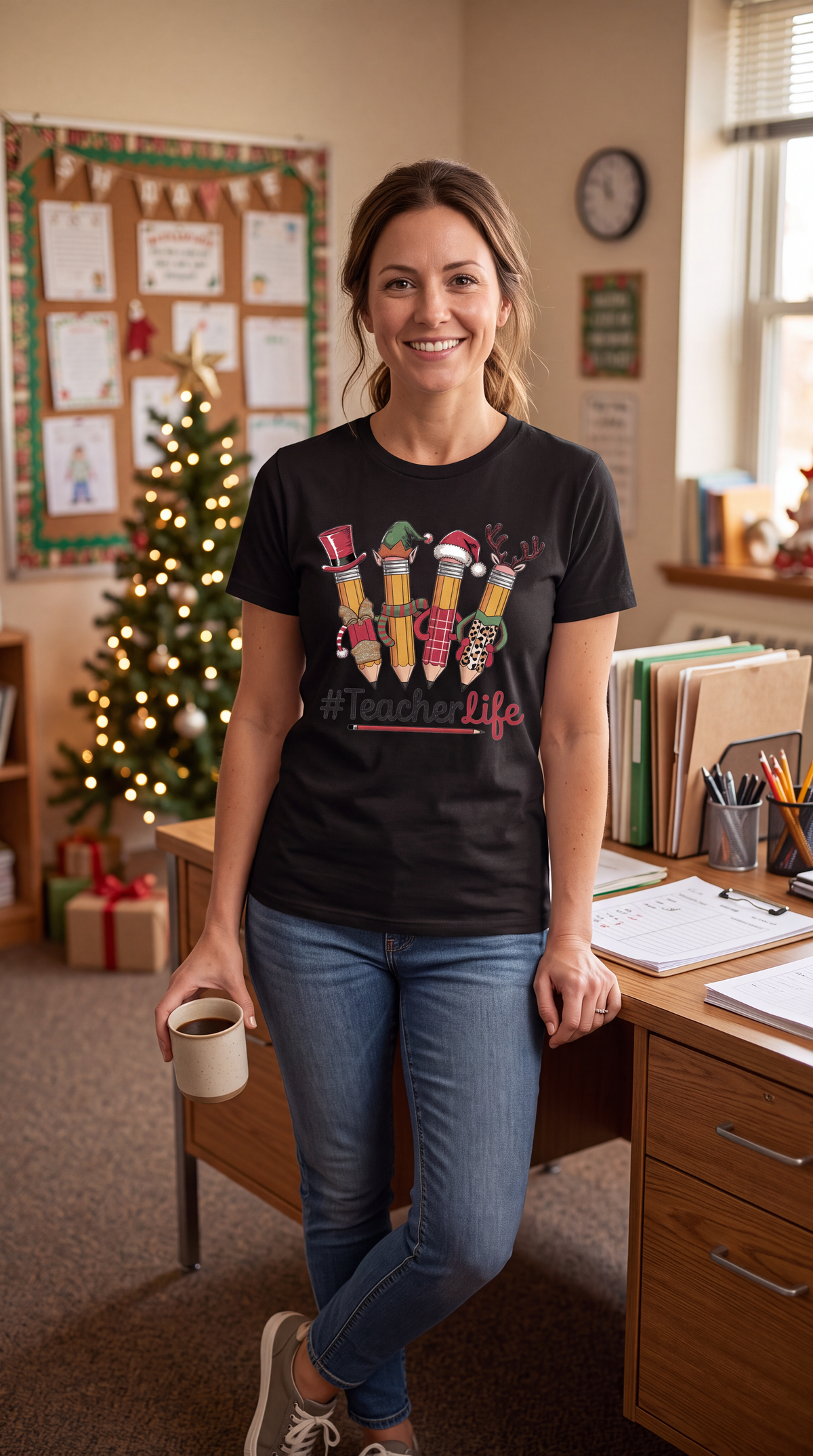 Woman wearing black Teacher Life Christmas shirt with festive pencil graphic in a classroom