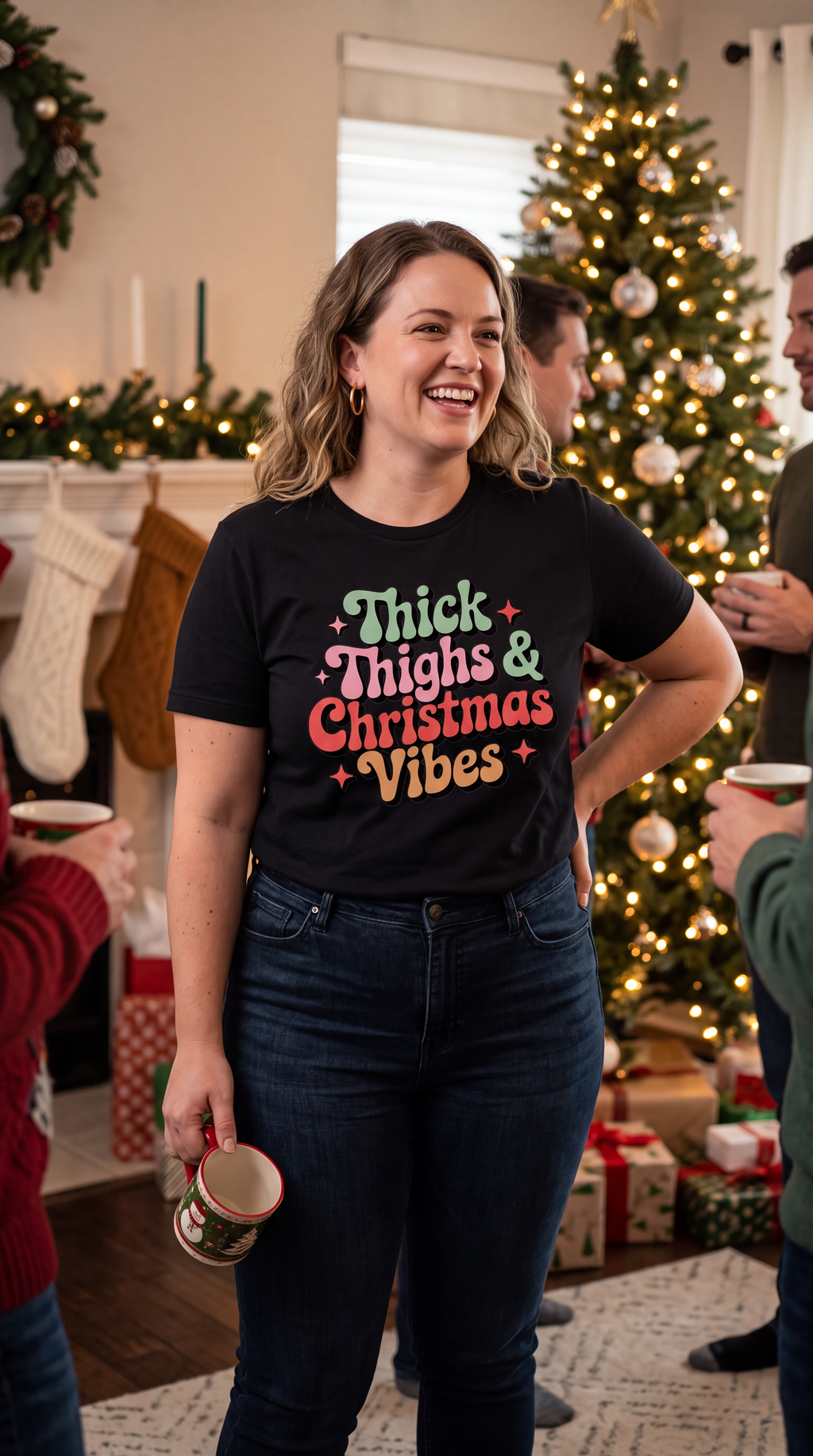 Woman wearing black Thick Thighs & Christmas Vibes shirt in a festive living room with decorated Christmas tree.
