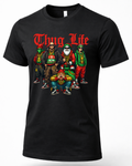 Black Thug Life Christmas t-shirt with colorful Santa-inspired hip hop characters, streetwear outfits and gold chains