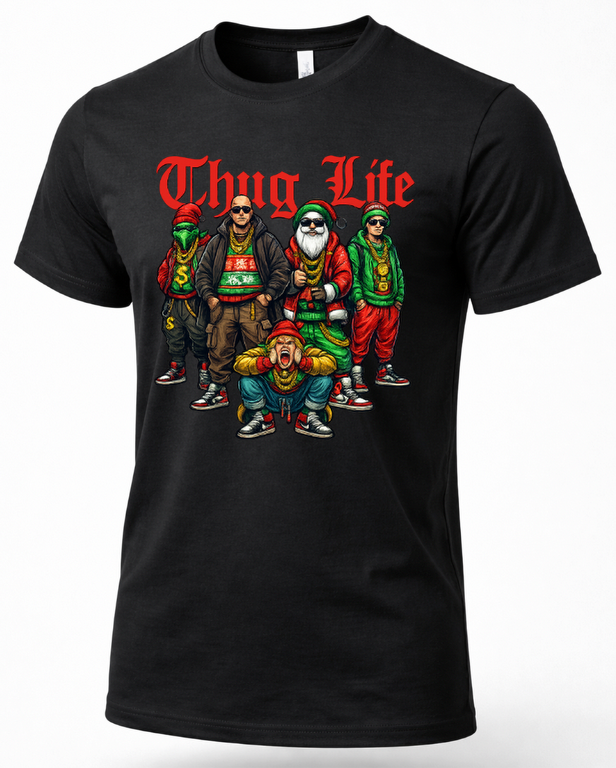 Black Thug Life Christmas t-shirt with colorful Santa-inspired hip hop characters, streetwear outfits and gold chains