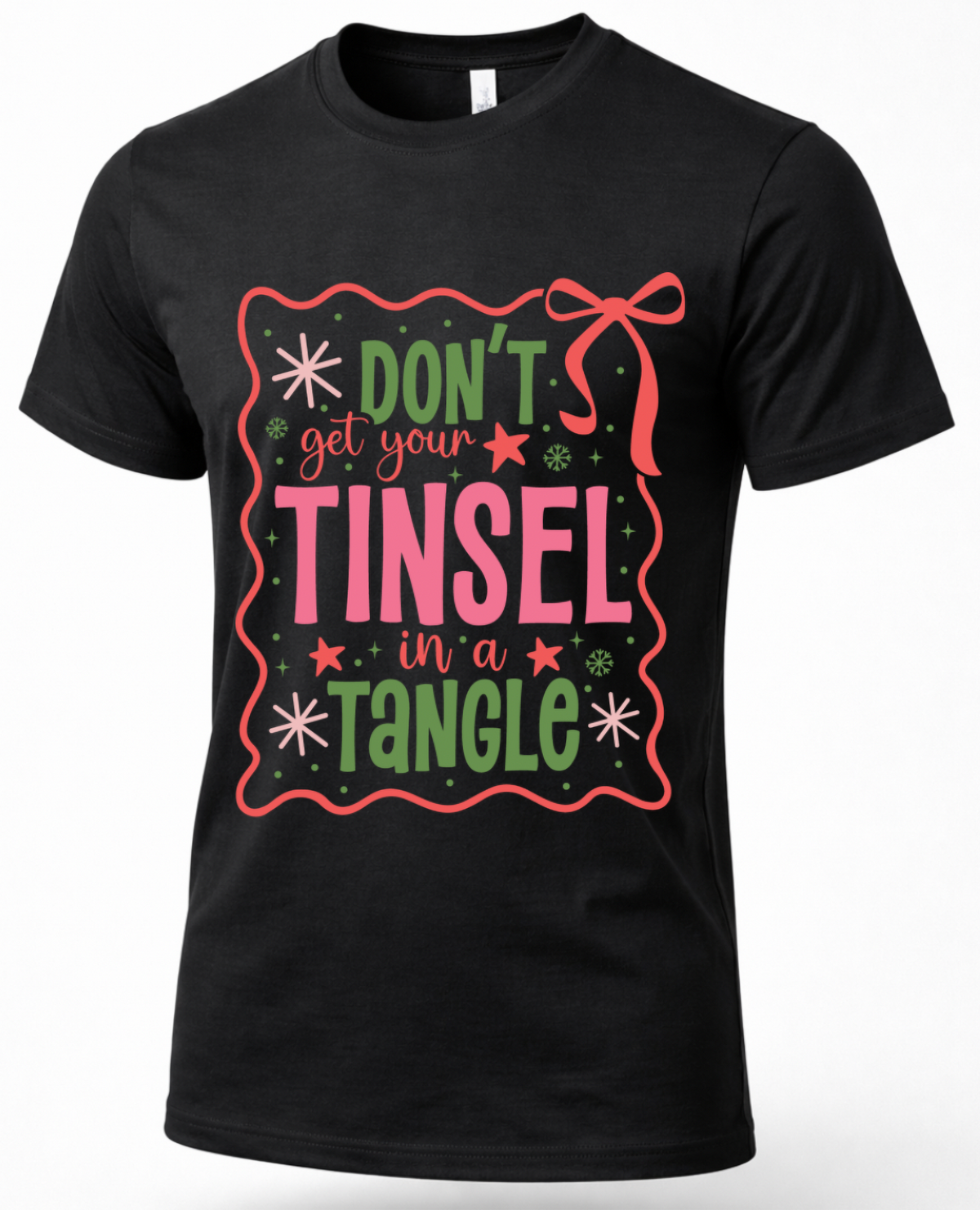 Black Christmas graphic tee featuring Don’t Get Your Tinsel in a Tangle in colorful retro holiday lettering.