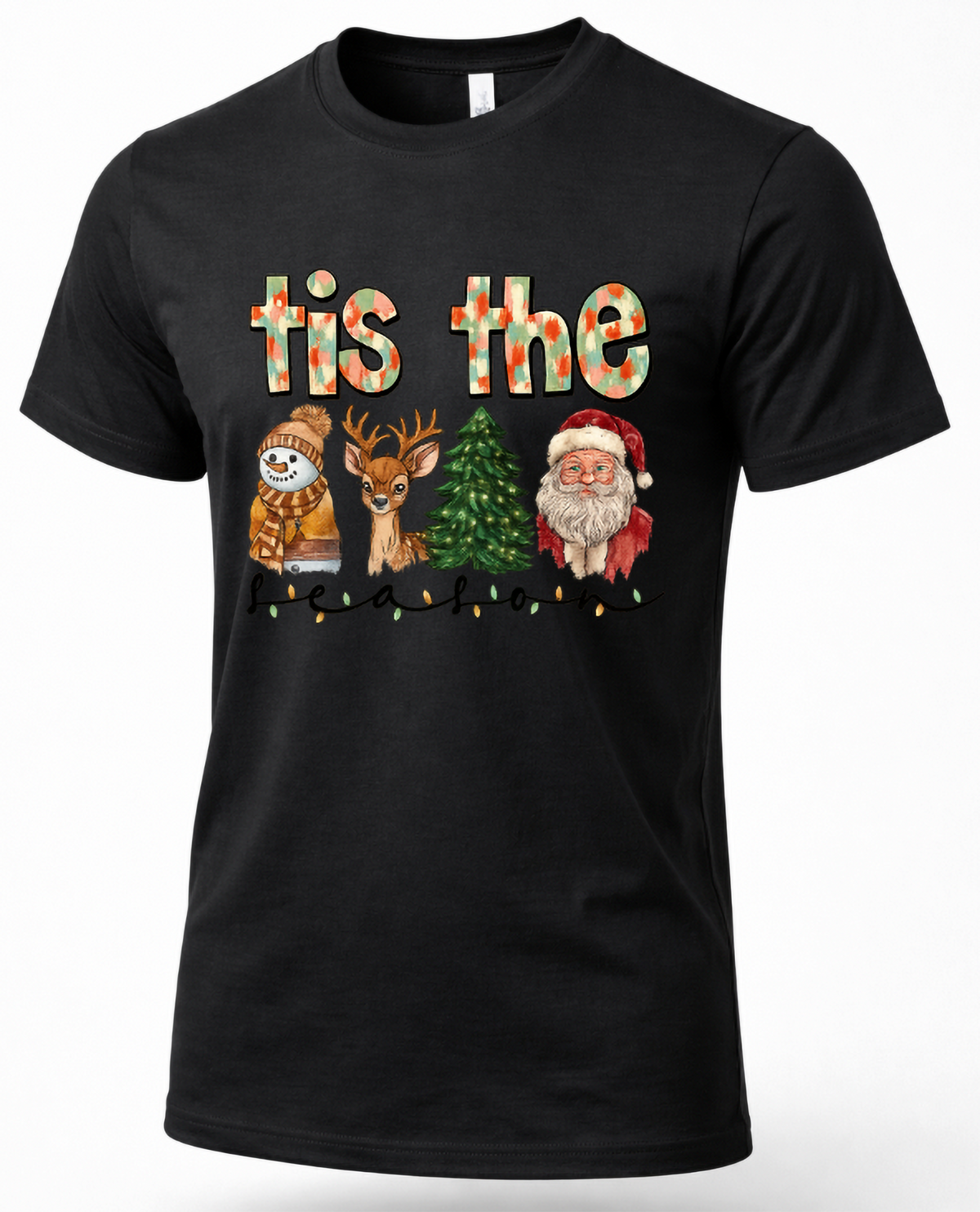 Black unisex Christmas t-shirt featuring Tis the Season design with watercolor Santa, snowman, reindeer, and decorated Christmas tree.