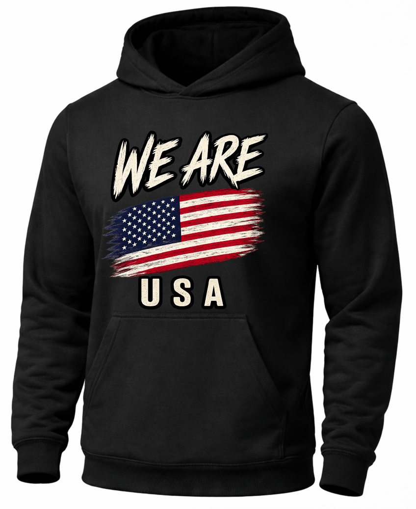 A black pullover hoodie featuring a distressed graphic on the chest with the text 'WE ARE' above an American flag and 'USA' below, shown on a plain white background.