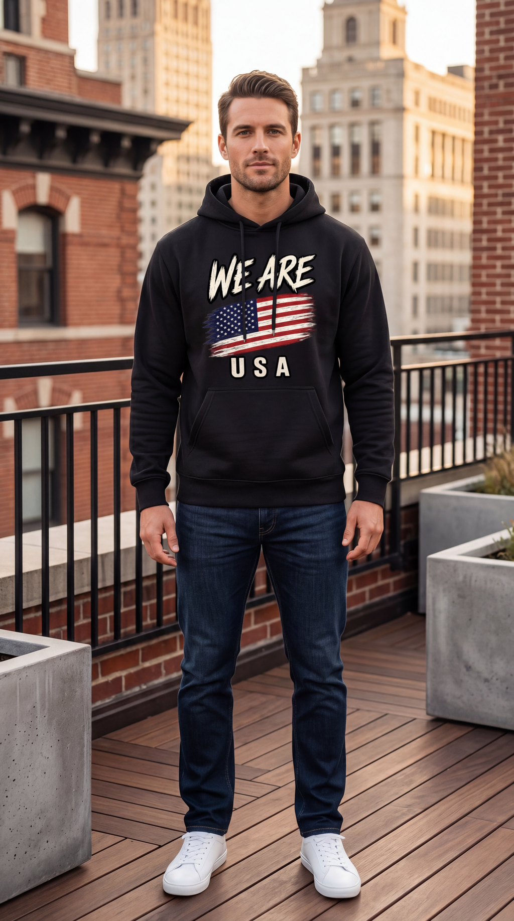 A man wearing a black pullover hoodie with a 'WE ARE USA' American flag graphic, dark blue jeans, and white sneakers, standing on a wooden rooftop deck with city buildings in the background.