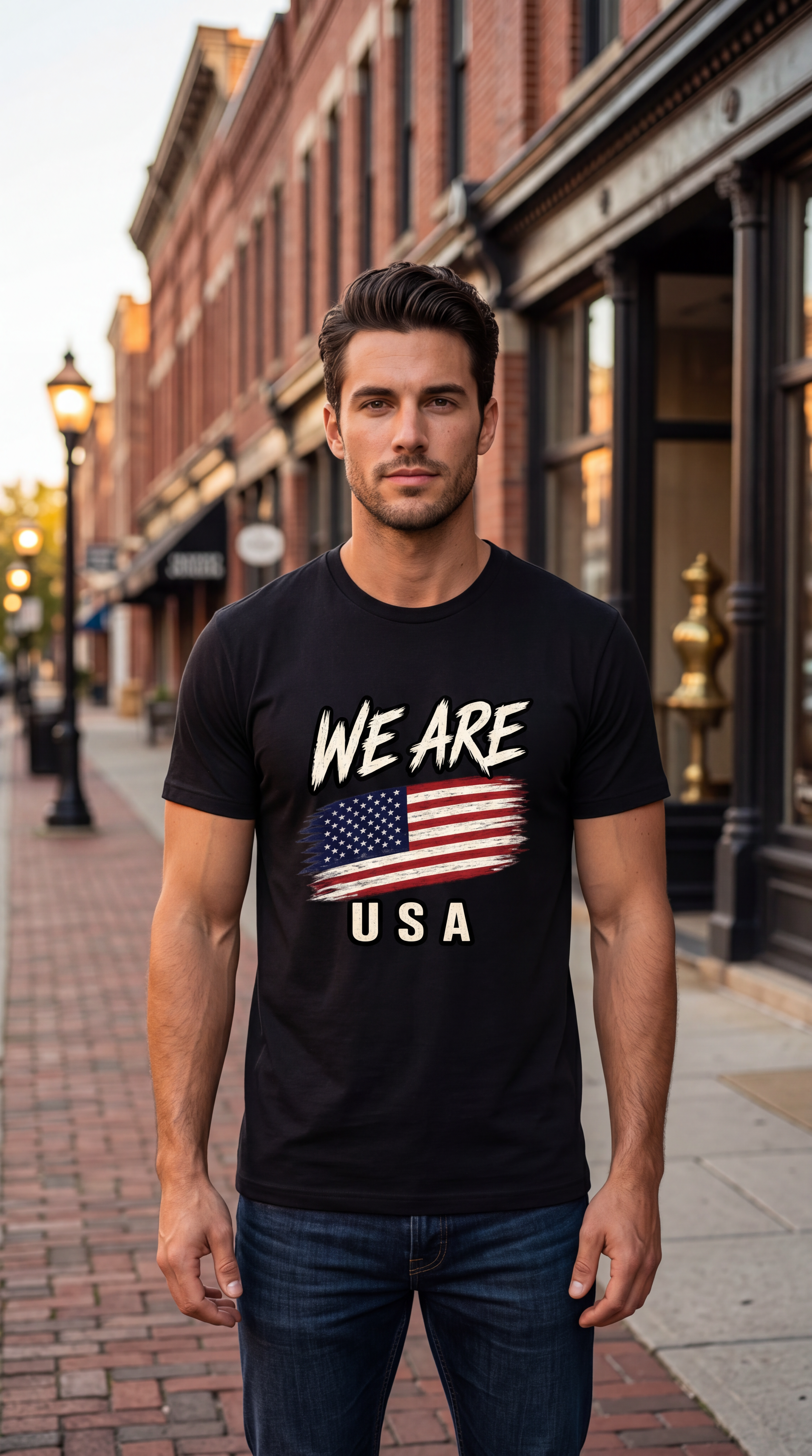 A man standing on a brick street wearing a black graphic t-shirt with 'WE ARE USA' and an American flag design, paired with blue jeans.