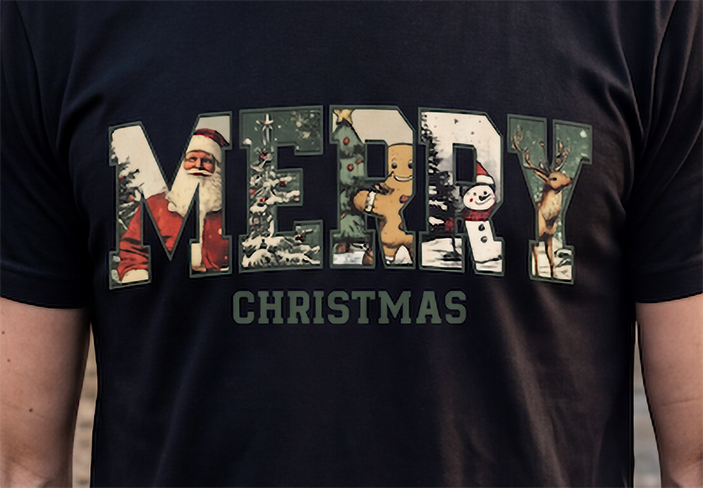 Close-up of black Vintage Merry Christmas shirt featuring Santa, Christmas trees, gingerbread man, snowman and reindeer.