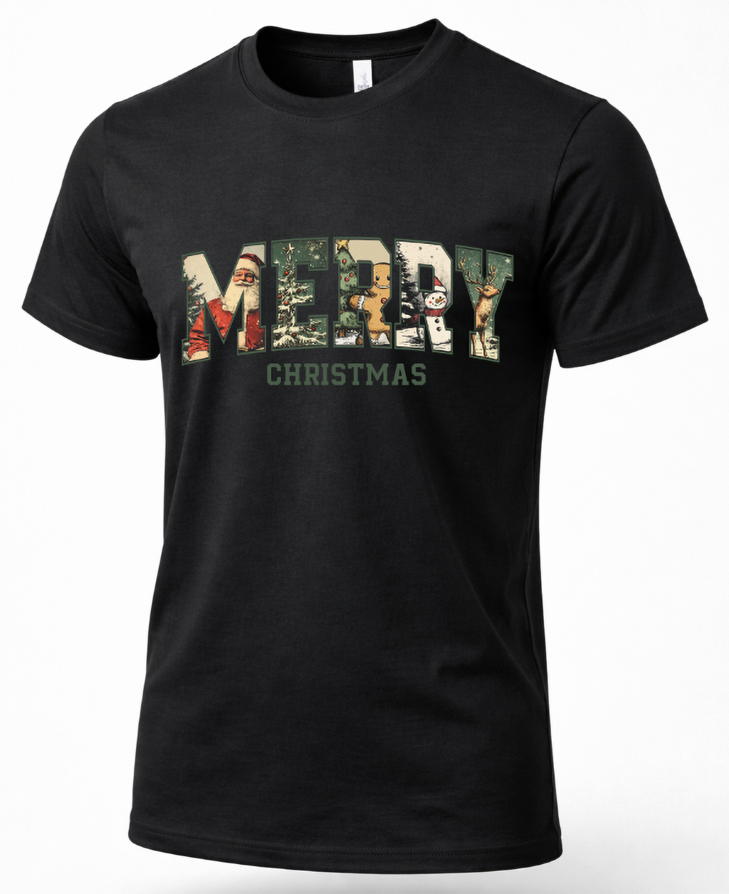Black Vintage Merry Christmas graphic tee featuring holiday scenes inside bold MERRY lettering.