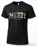 Black Vintage Merry Christmas graphic tee featuring holiday scenes inside bold MERRY lettering.