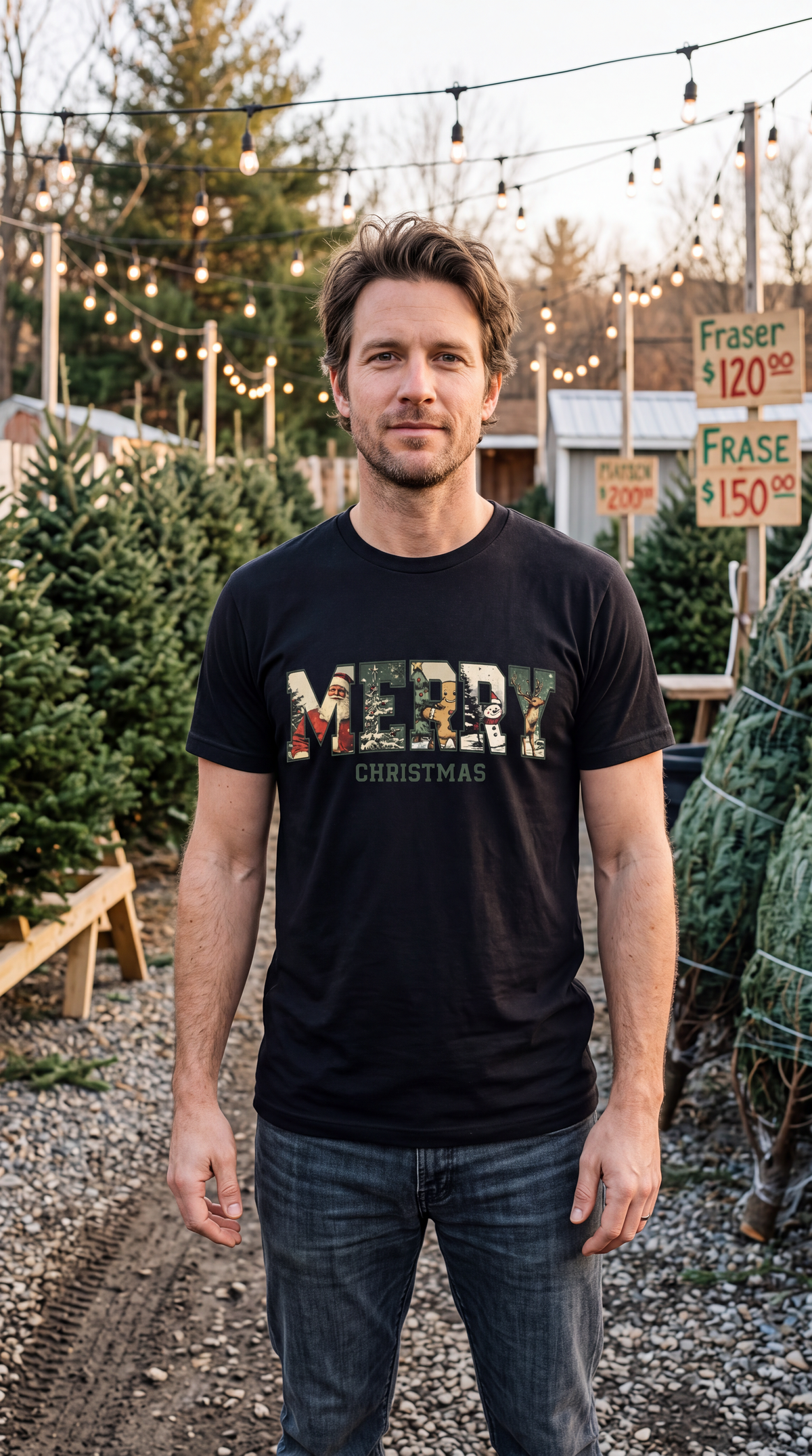 Man wearing a black Vintage Merry Christmas shirt at an outdoor Christmas tree market.