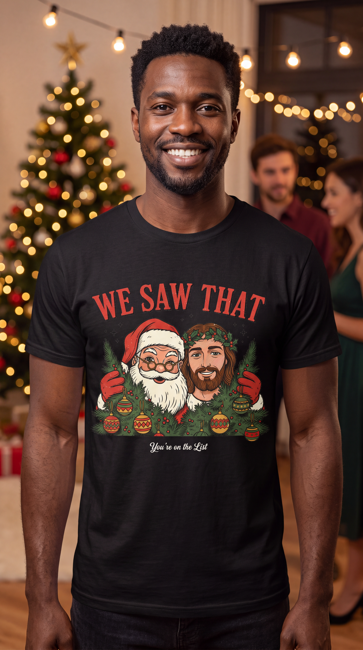Man wearing black We Saw That Santa and Jesus funny Christmas graphic shirt