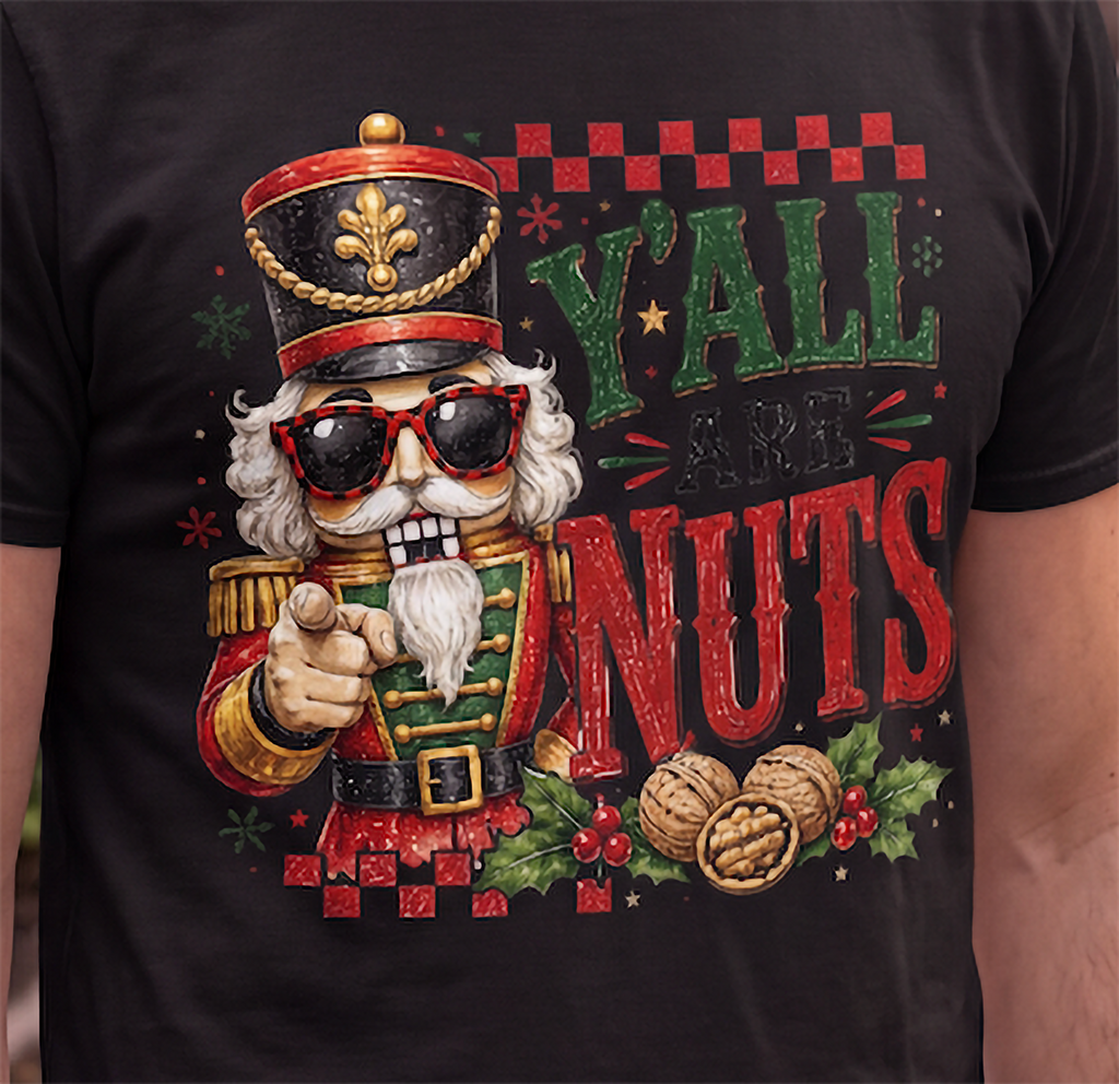 Close-up of black Y’all Are Nuts Christmas shirt featuring funny nutcracker and walnut graphic.