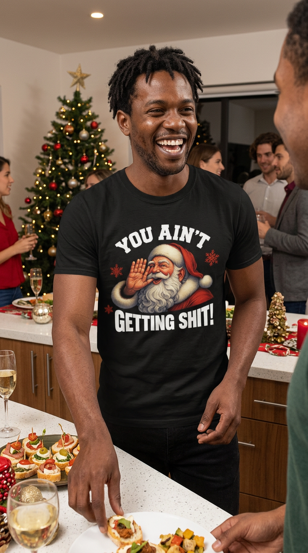 Black Lifestyle: Man wearing a black You Ain't Getting Shit Christmas t-shirt featuring a vintage Santa Claus graphic at a festive holiday gathering.