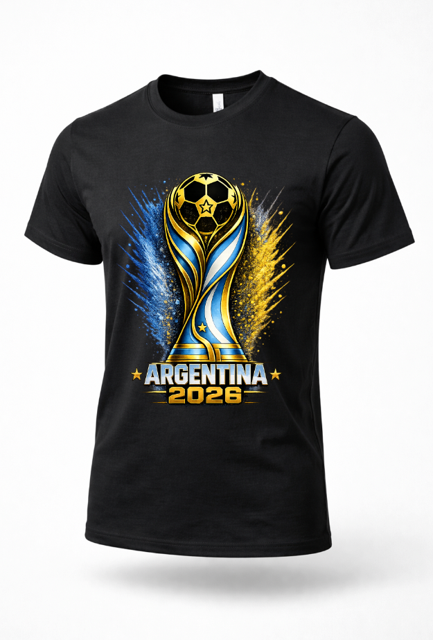 Black Argentina 2026 soccer fan T-shirt mockup with blue gold football trophy graphic design
