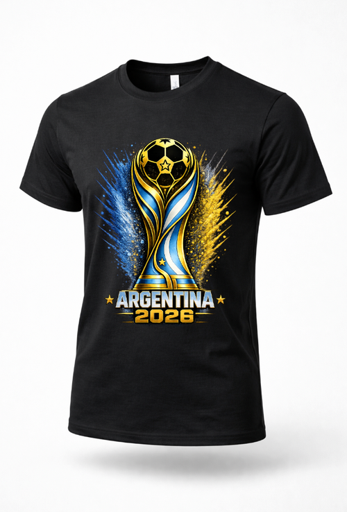 Black Argentina 2026 soccer fan T-shirt mockup with blue gold football trophy graphic design