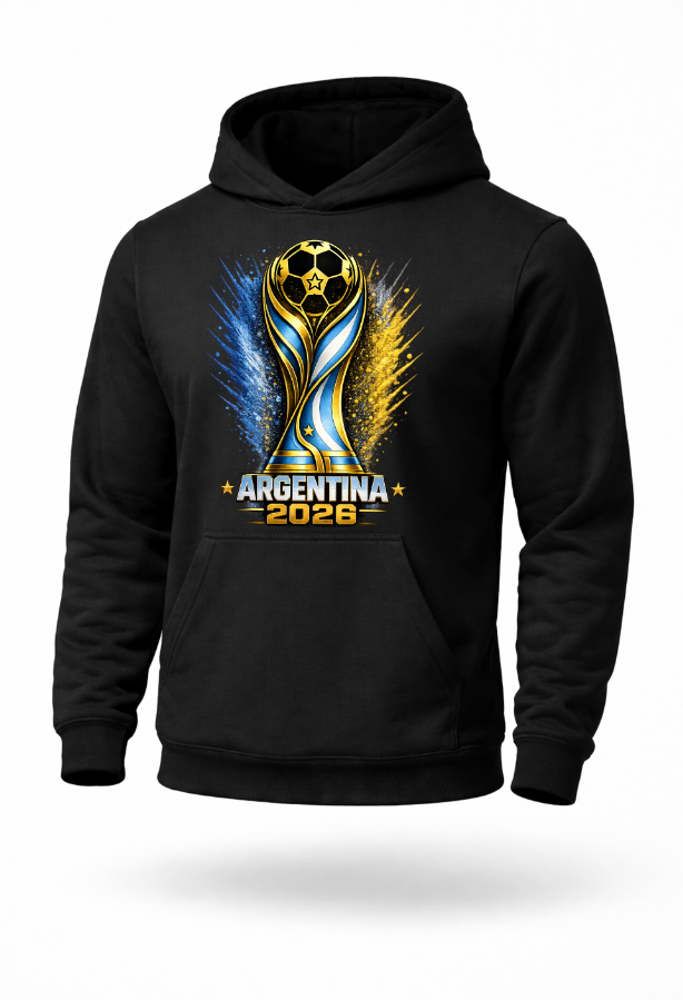 Black Argentina 2026 soccer hoodie mockup featuring blue and gold football trophy graphic design