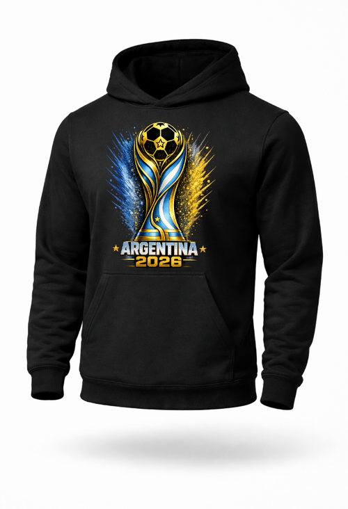 Black Argentina 2026 soccer hoodie mockup featuring blue and gold football trophy graphic design