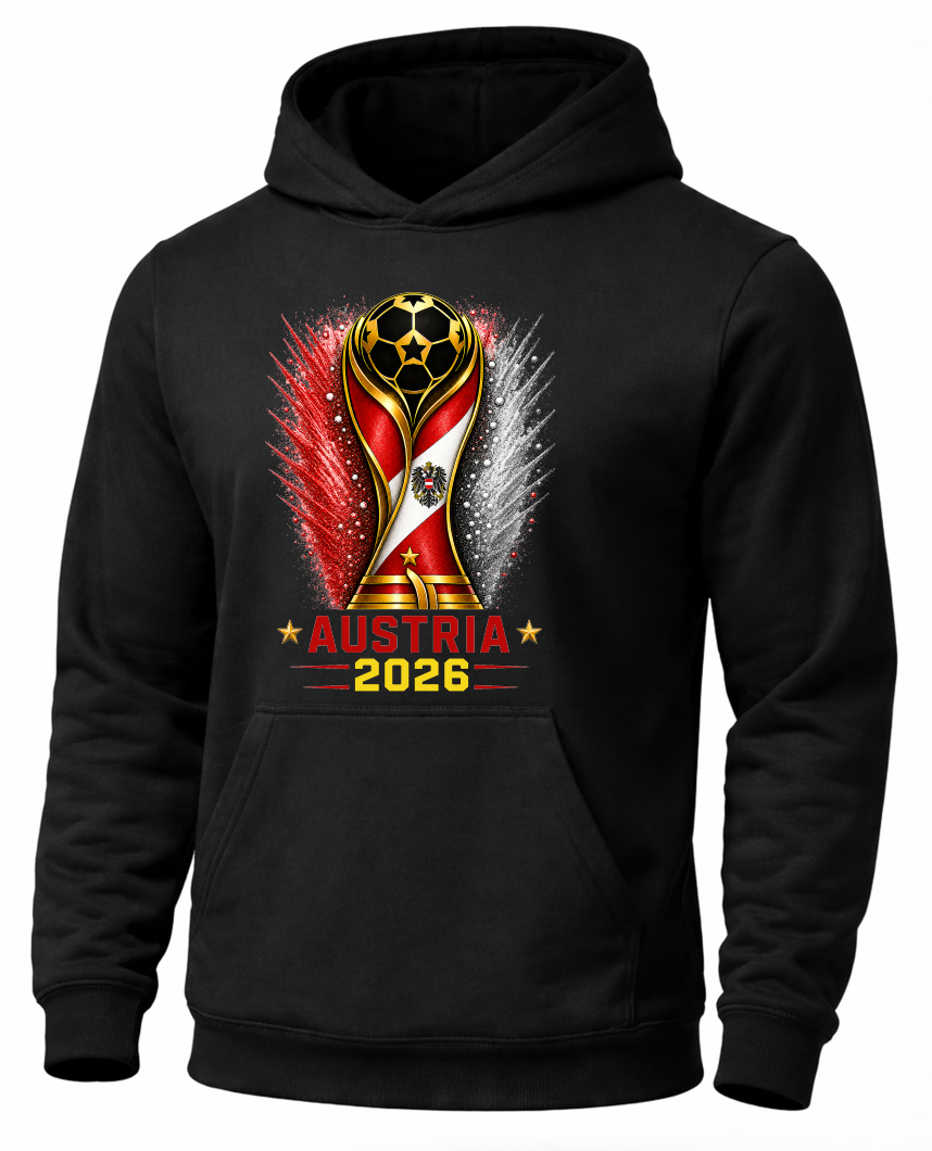 Black hoodie with Austria 2026 World Cup trophy design on a white background
