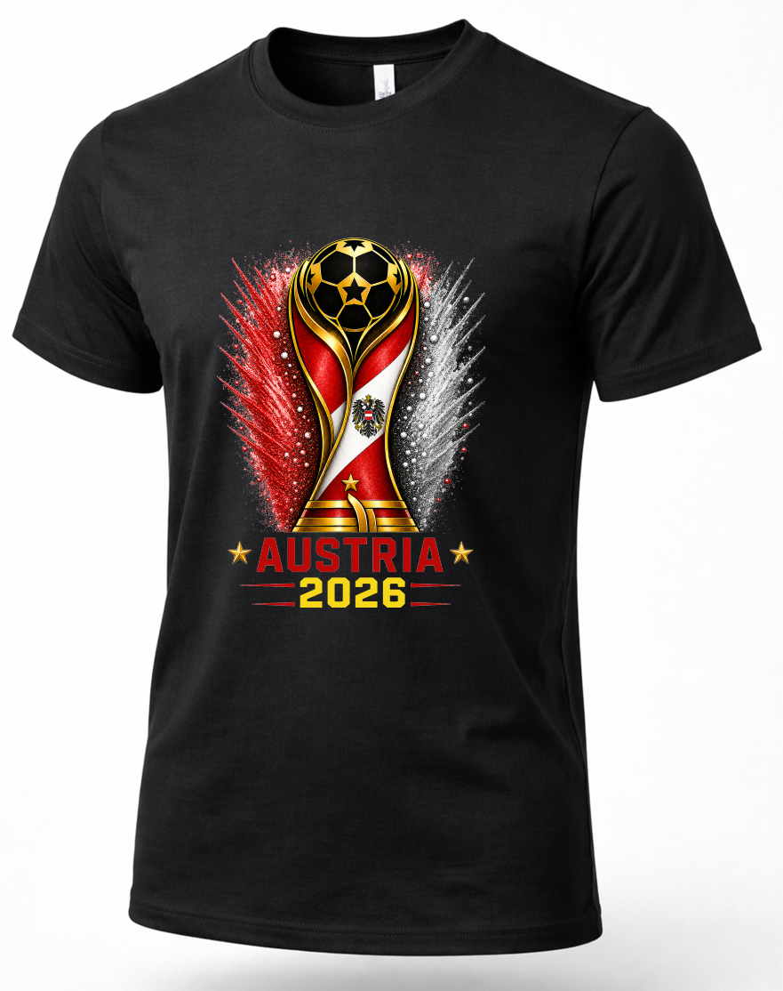 Black t-shirt with a soccer trophy graphic and 'Austria 2026' text on a white background