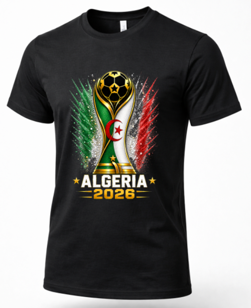 Black t-shirt with Algeria 2026 design featuring a soccer trophy and national flag colors.