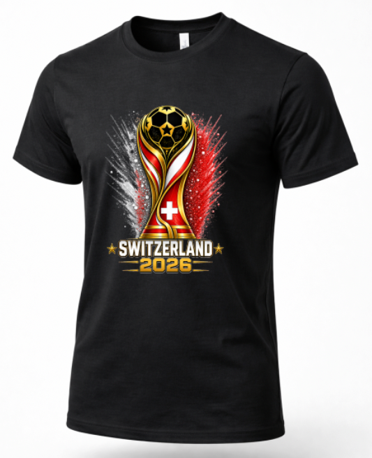 Black t-shirt with a soccer trophy design and 'Switzerland 2026' text on a white background