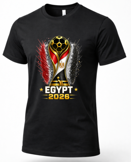 Black t-shirt with Egypt 2026 World Cup design on a white background
