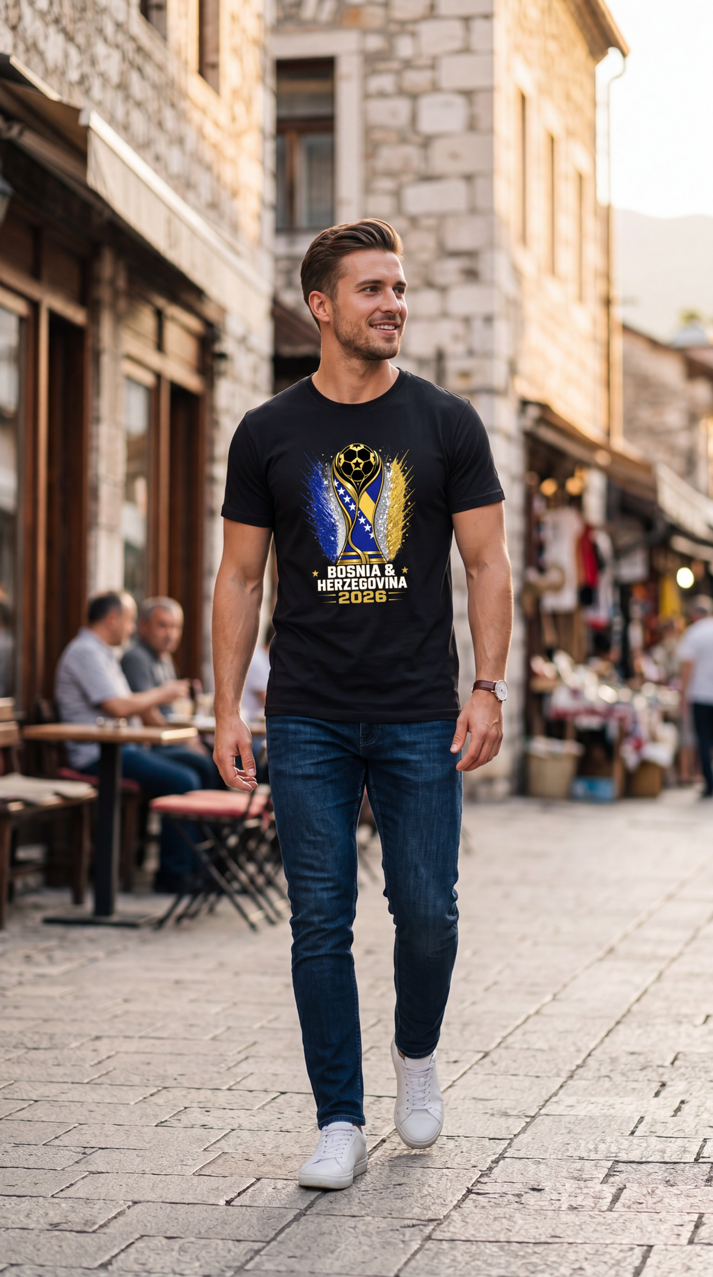 Man walking on a street wearing a black t-shirt with a graphic design.