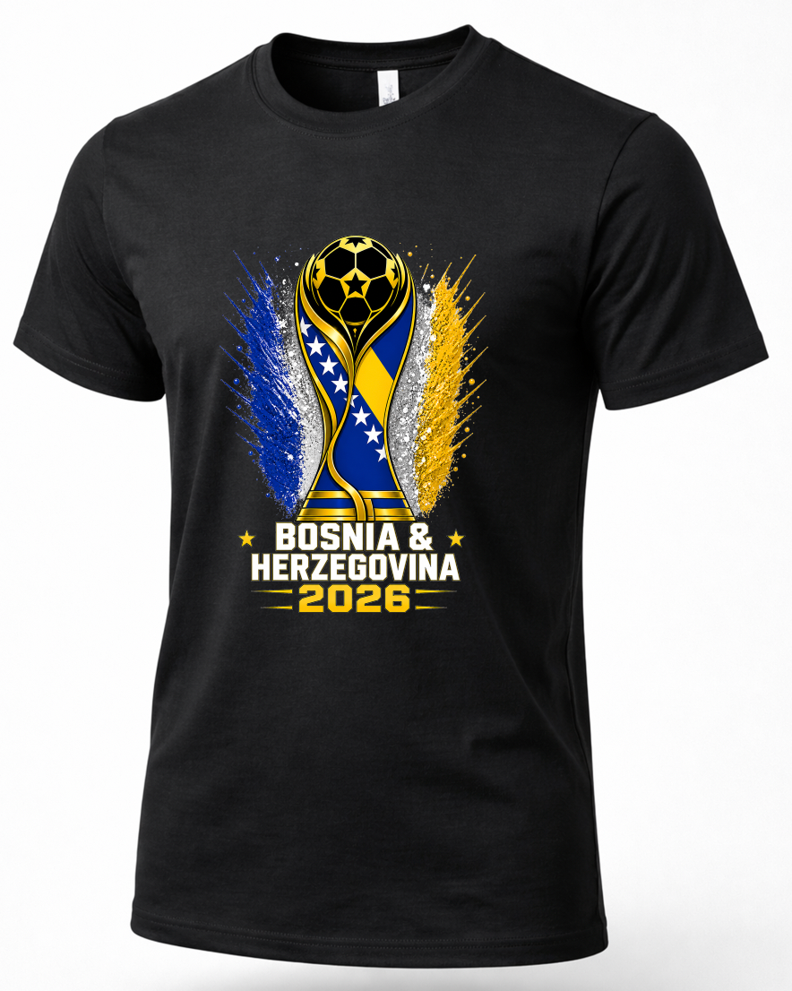 Black t-shirt with Bosnia and Herzegovina 2026 design on a white background