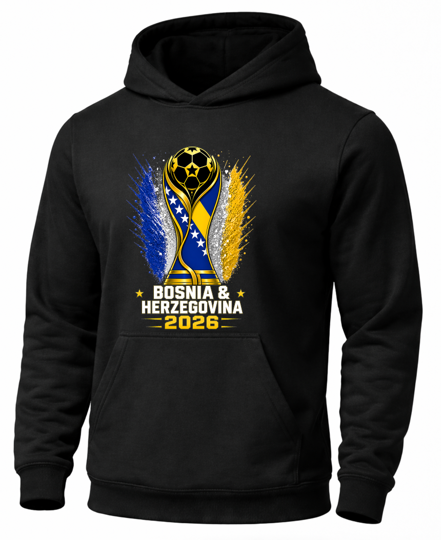 Black hoodie with Bosnia and Herzegovina 2026 design on a white background