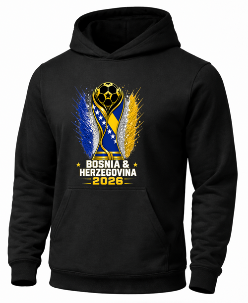 Black hoodie with Bosnia and Herzegovina 2026 design on a white background