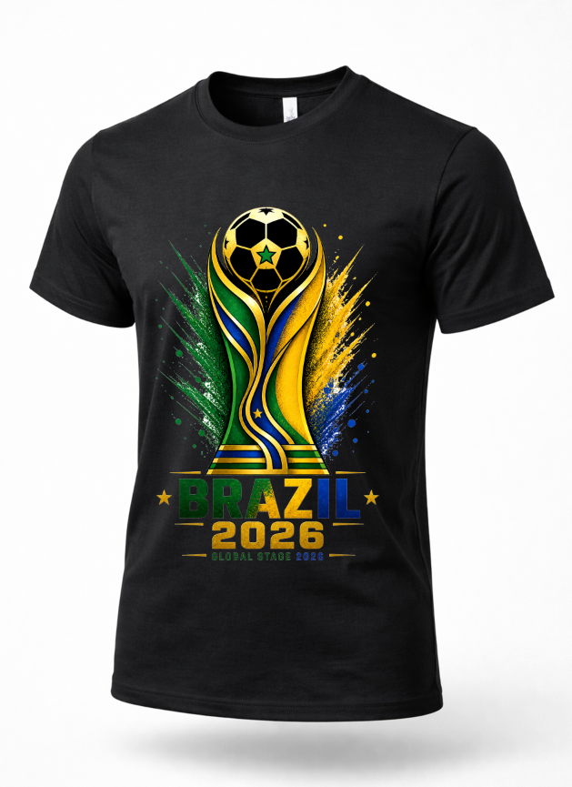 Black Brazil 2026 soccer graphic t-shirt featuring green yellow blue and gold football-inspired artwork on premium streetwear tee