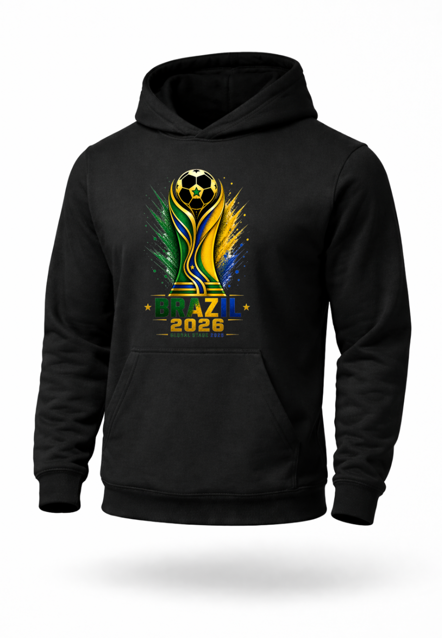 Black Brazil 2026 soccer hoodie featuring green yellow blue and gold football-inspired graphic design on premium streetwear pullover hoodie