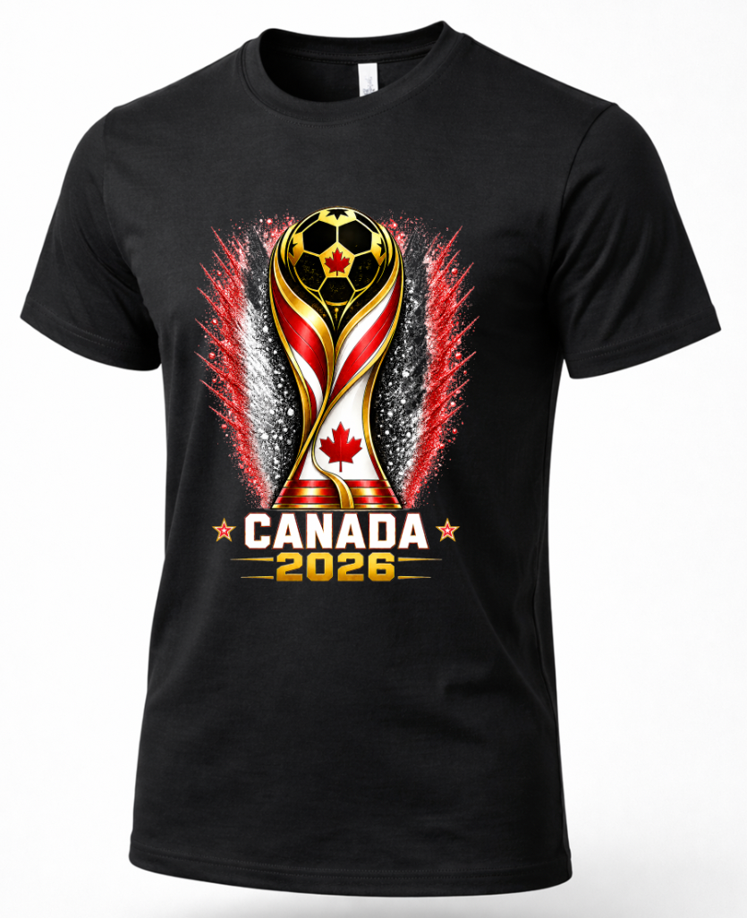 Black Canada 2026 soccer fan t-shirt featuring trophy graphic design