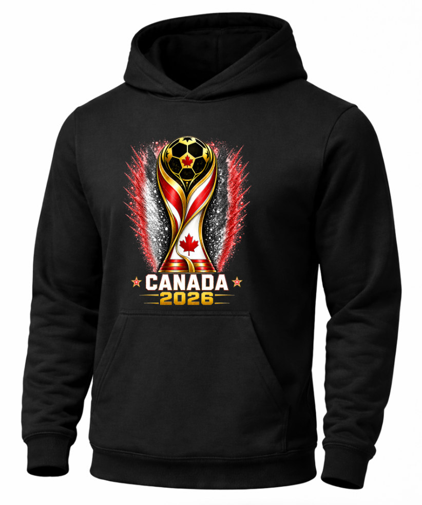 Black Canada soccer hoodie featuring Canada 2026 trophy graphic design