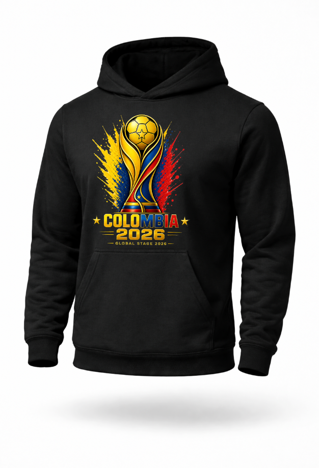 Black Colombia 2026 football fan hoodie mockup with bold Colombia-inspired soccer artwork