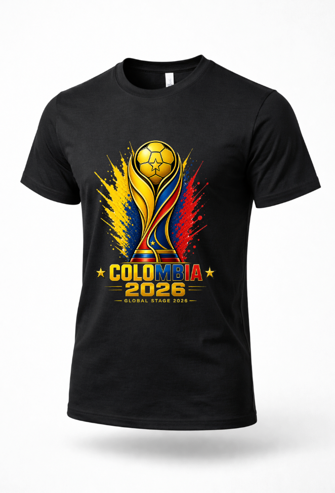 Black Colombia 2026 soccer fan t-shirt mockup with bold football-inspired artwork