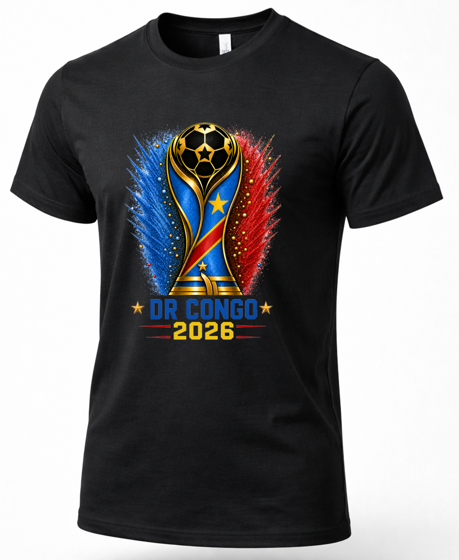 Black t-shirt with a soccer trophy design featuring DR Congo 2026 on a white background