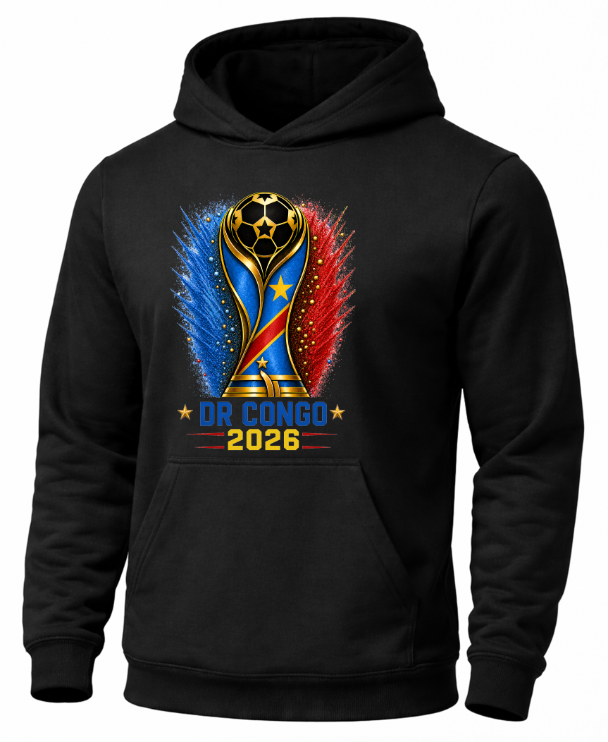 Black hoodie with DR Congo 2026 design on a white background