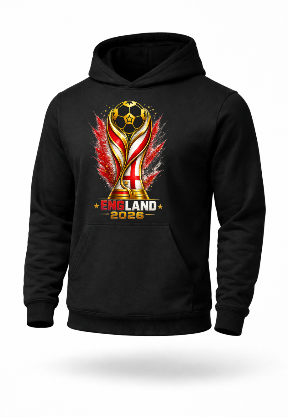 Black England 2026 football hoodie mockup with England supporter graphic design