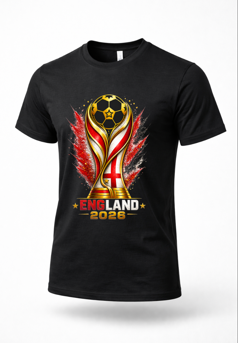 Black England 2026 soccer streetwear shirt mockup with England football-inspired artwork