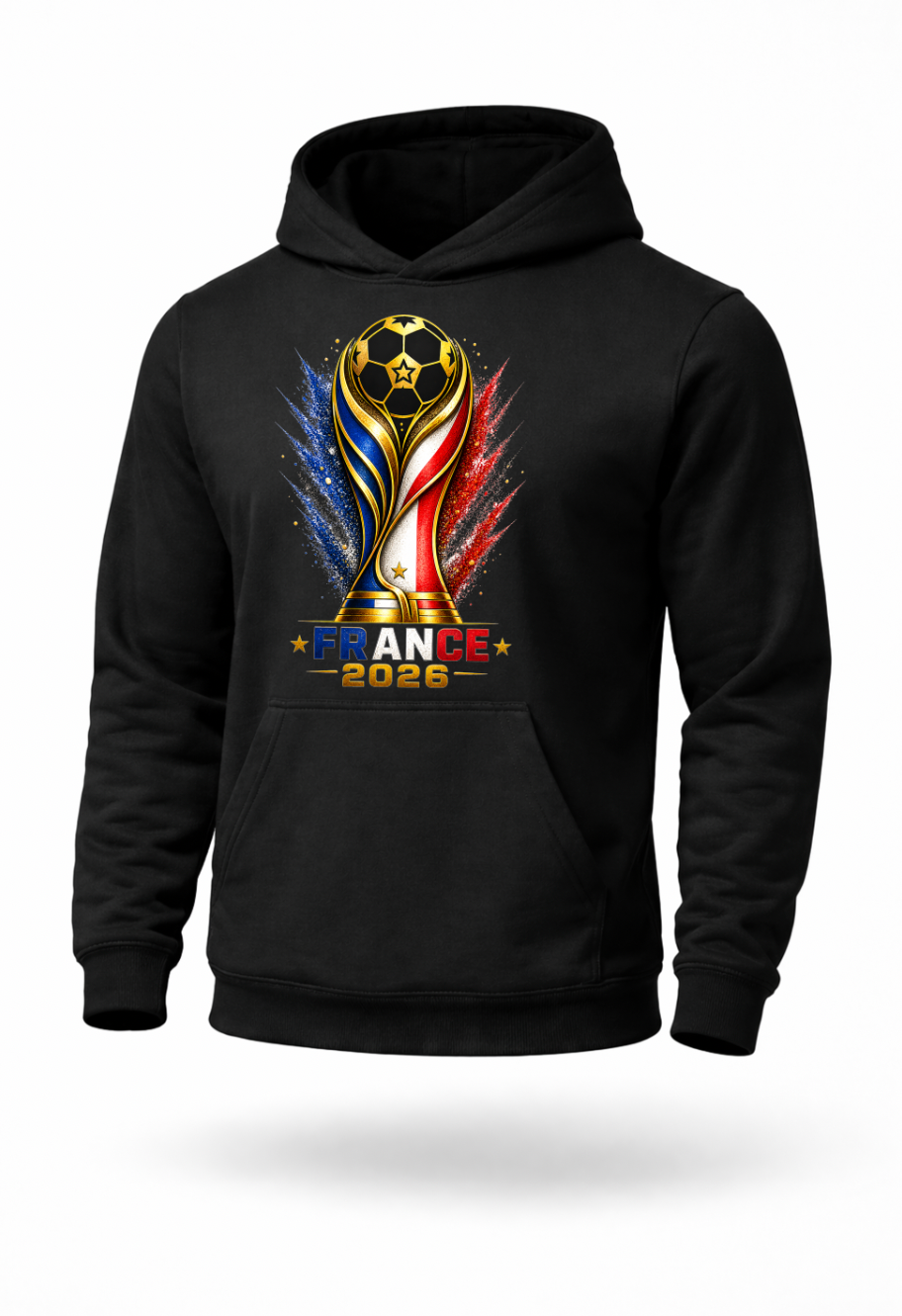 Black France 2026 soccer streetwear hoodie mockup with French football-inspired artwork