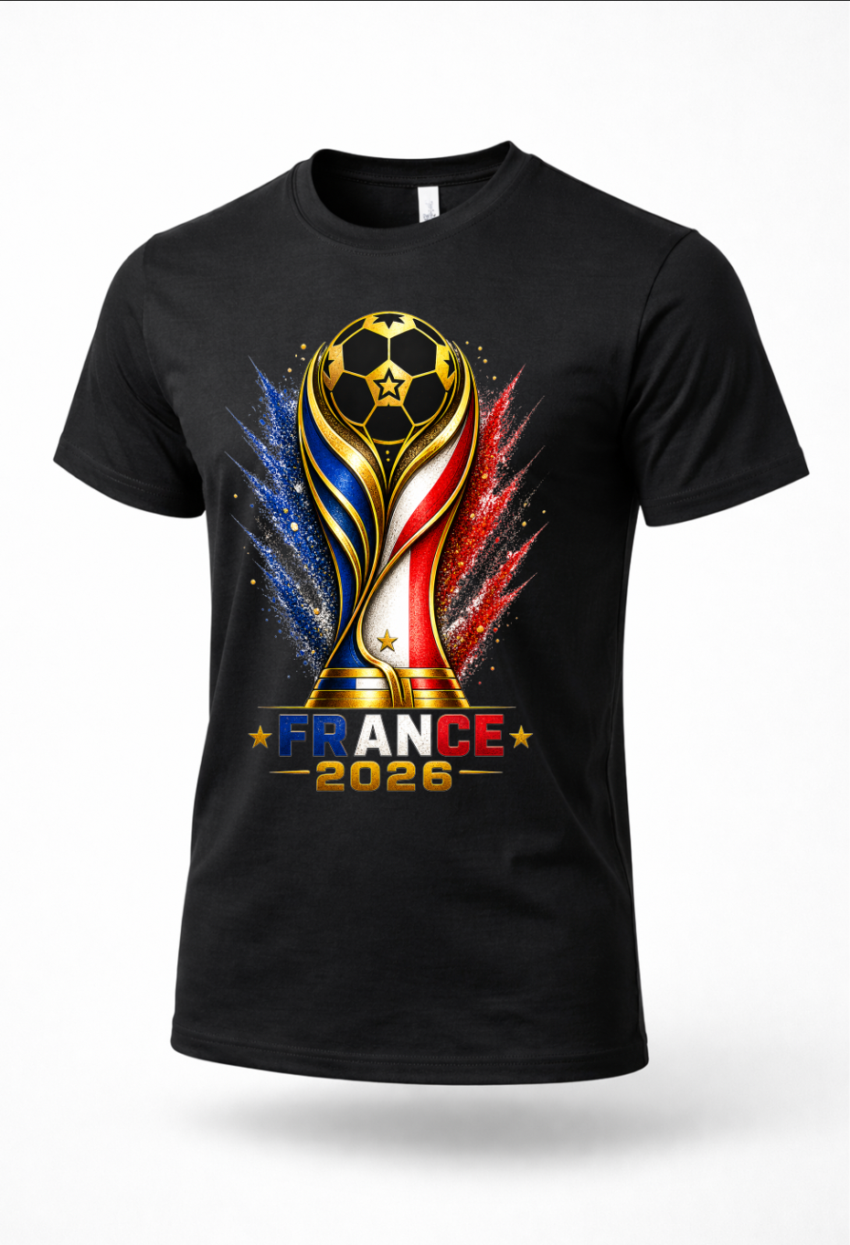 Black France 2026 soccer streetwear shirt mockup with French football-inspired artwork