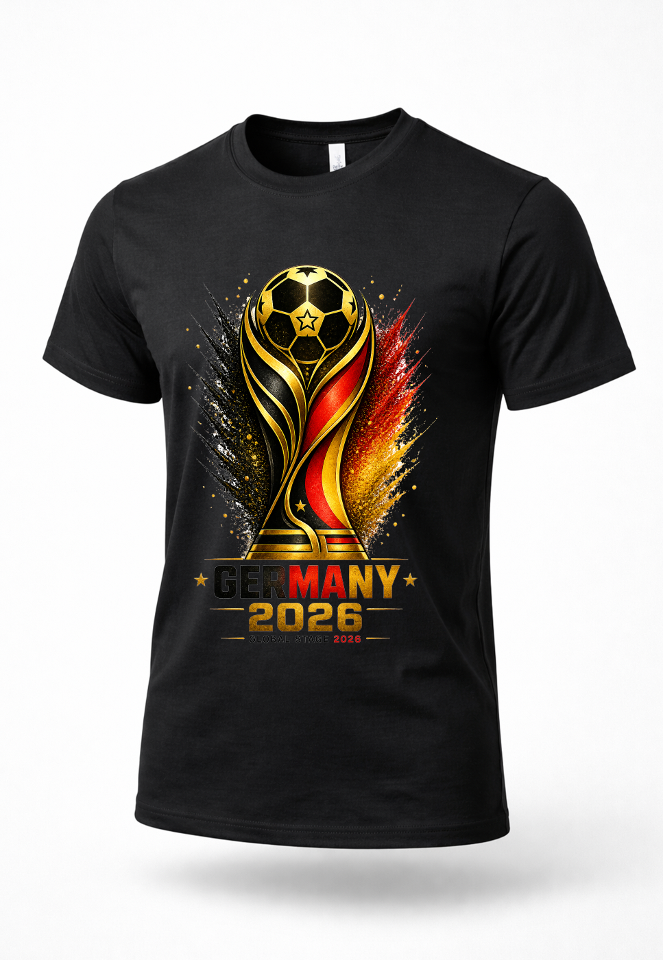 Black Germany 2026 soccer streetwear shirt mockup with German football-inspired artwork