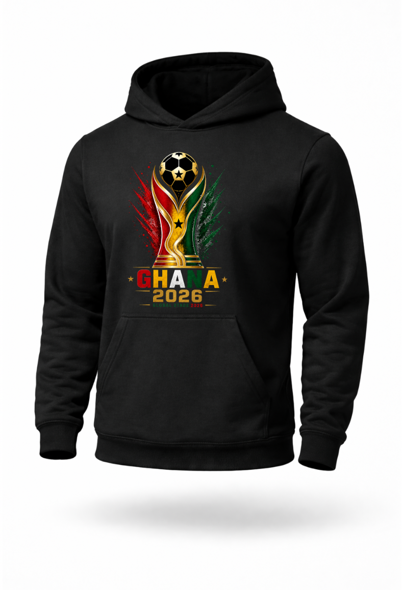 Black Ghana Soccer Hoodie 2026 featuring football trophy graphic in Ghana flag colors red yellow green and black