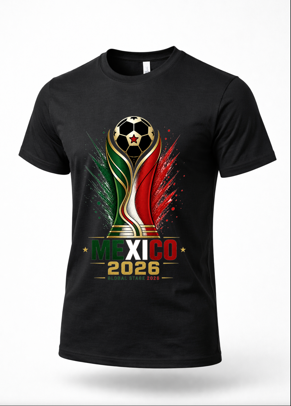 Black Mexico 2026 soccer graphic t-shirt featuring patriotic green white and red football-inspired artwork on premium streetwear tee