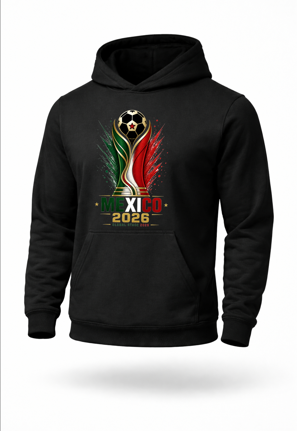 Black Mexico 2026 soccer hoodie featuring patriotic green white red and gold football-inspired graphic artwork on premium streetwear pullover hoodie