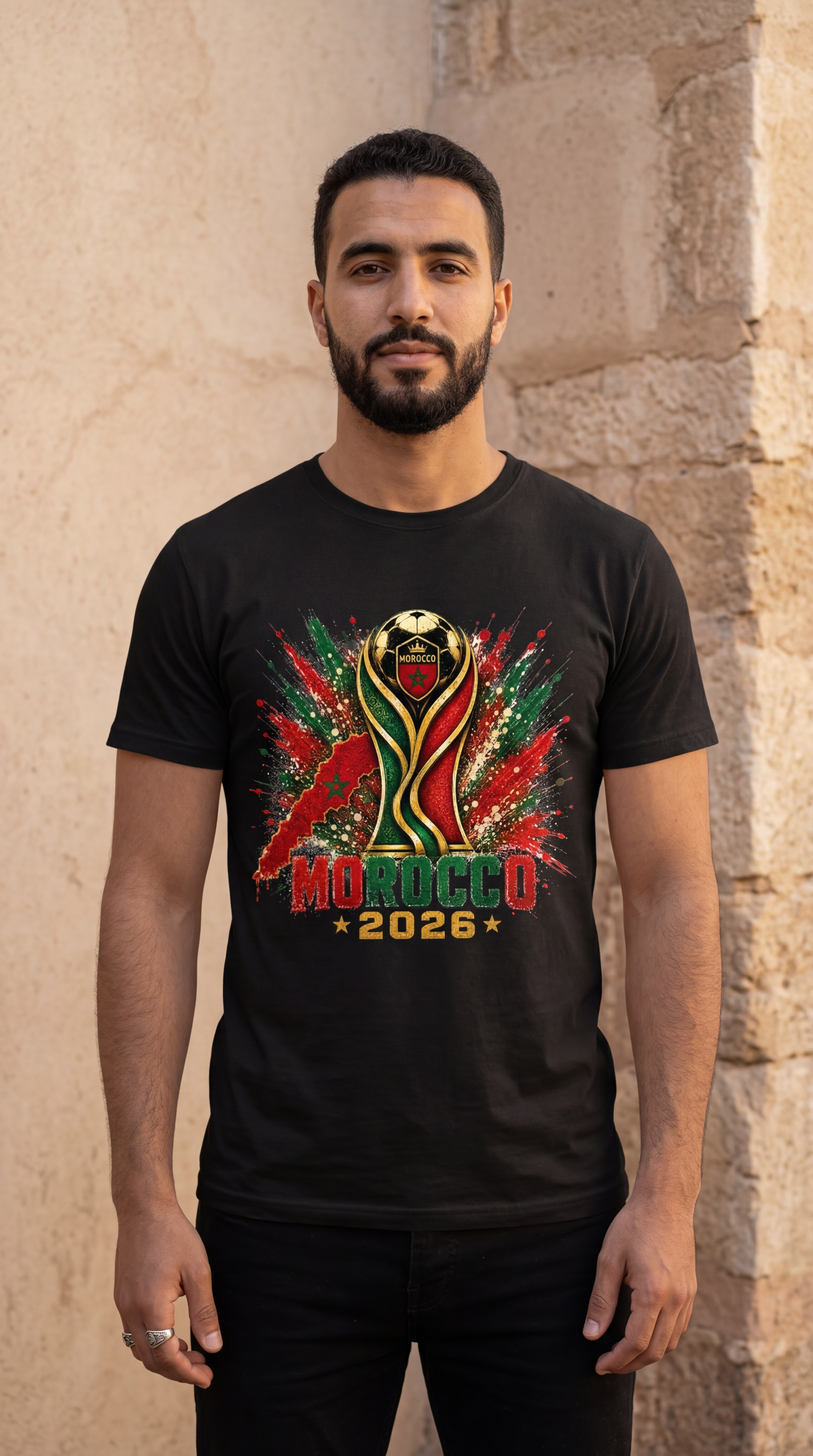 Black Morocco soccer supporter shirt with Moroccan pride graphic