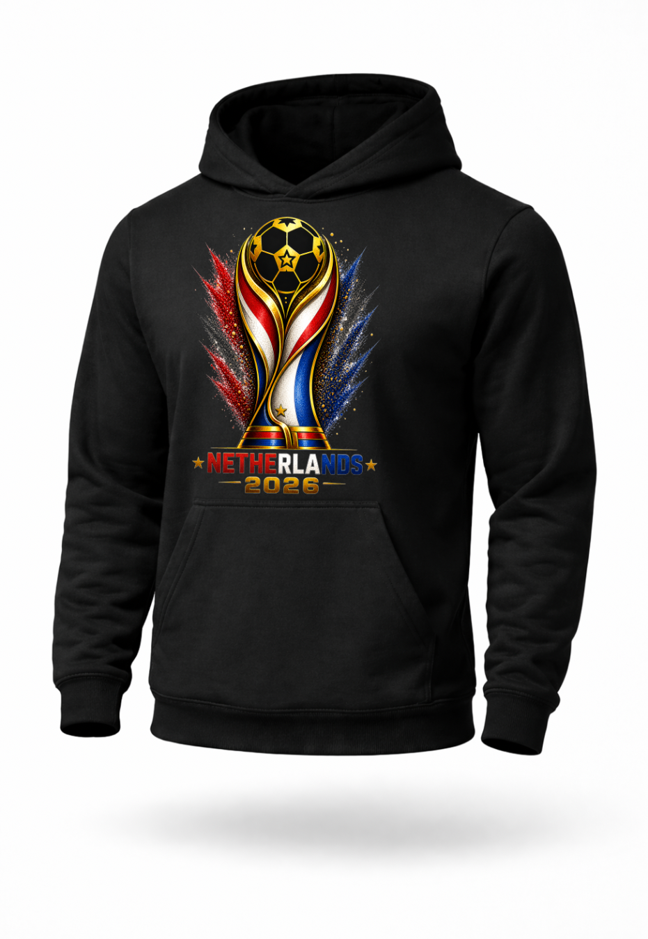 Black Netherlands 2026 soccer streetwear hoodie mockup with Dutch football-inspired artwork