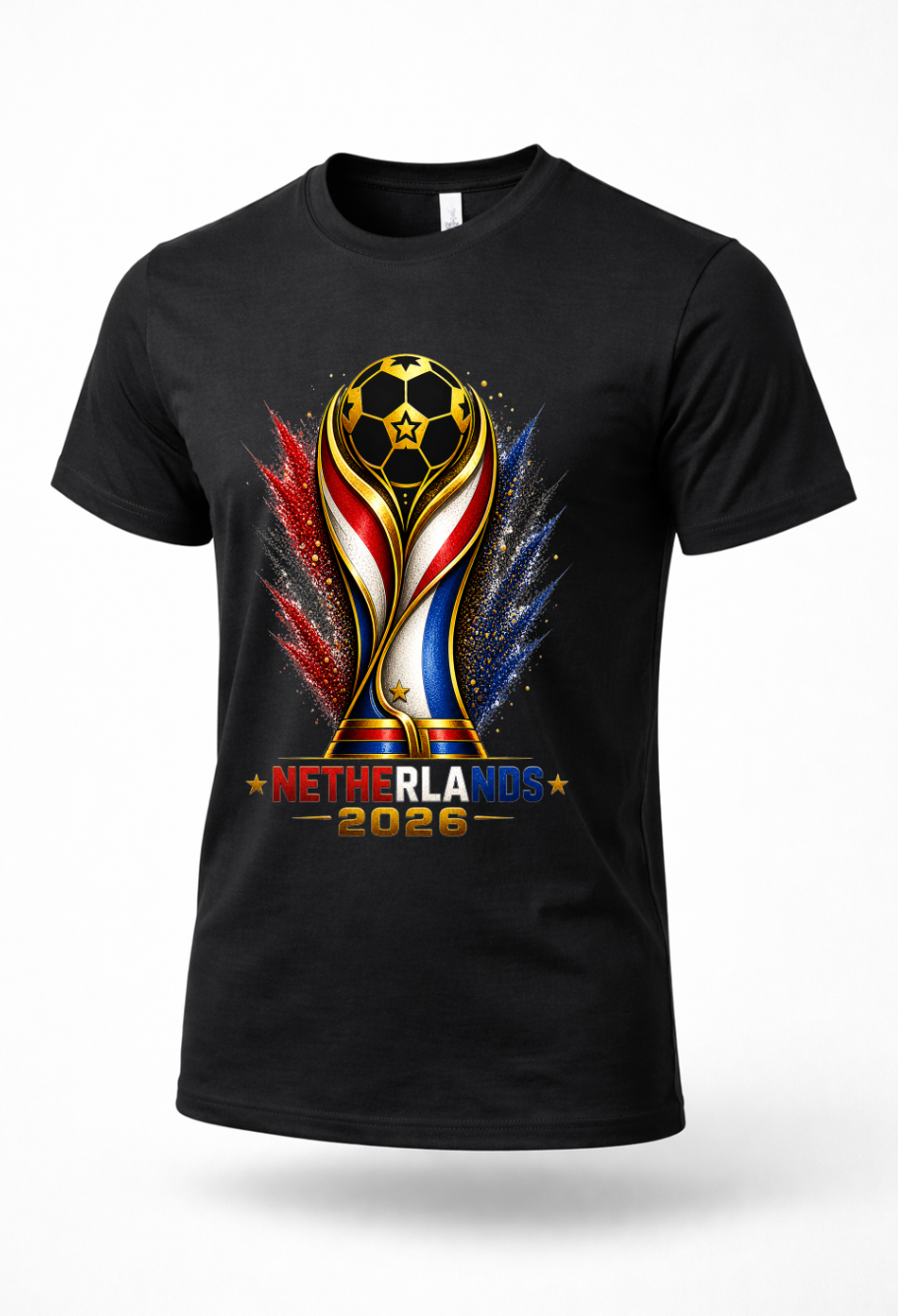 Black Netherlands 2026 soccer streetwear shirt mockup with Dutch football-inspired artwork