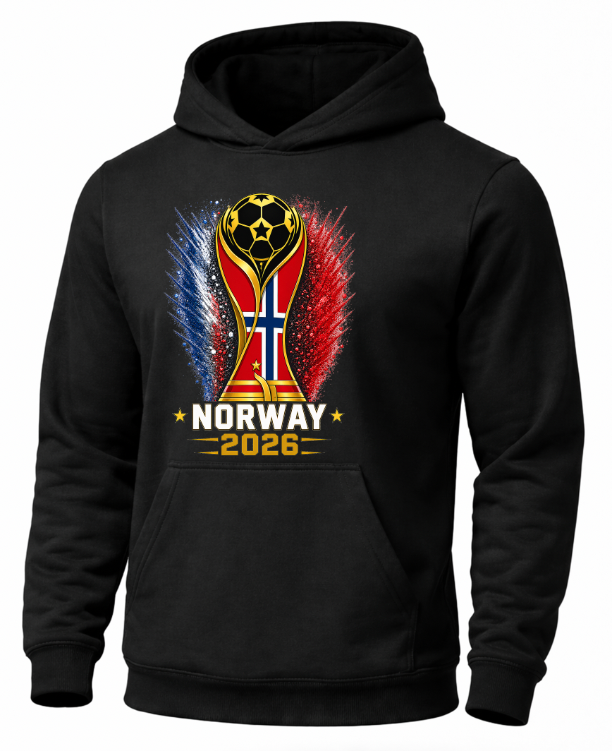 Black hoodie with a design of a trophy, Norwegian flag, and 'Norway 2026' text on a white background